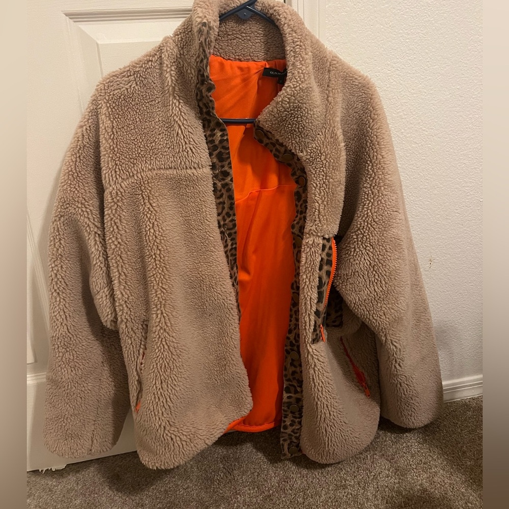 Teddy Cheetah Jacket with neon orange accents